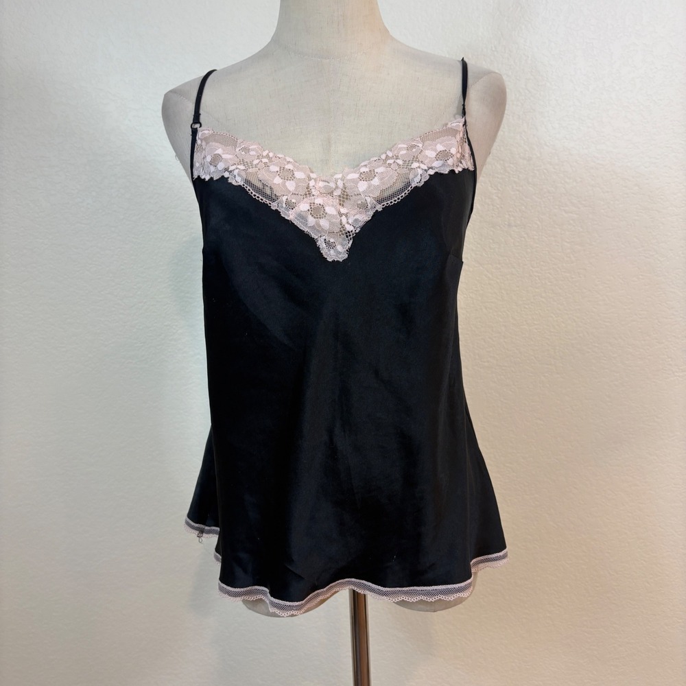 Victoria's Secret Cami Women S Black Satin Lace Trim Tank Top Coquette Romanitc